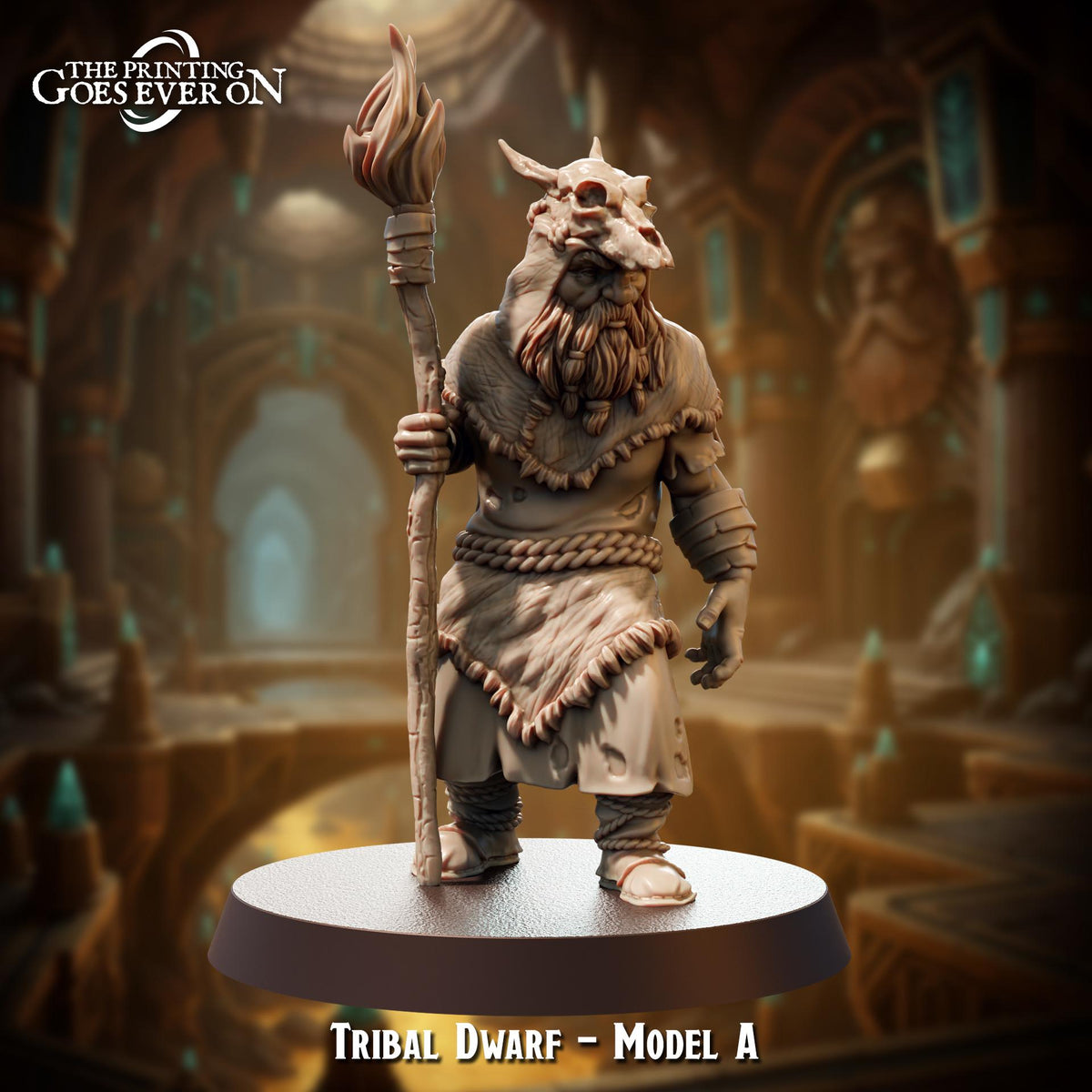 A figurine of a tribal dwarf, specifically Model A, standing in a fantasy setting with a large, ornate structure in the background.