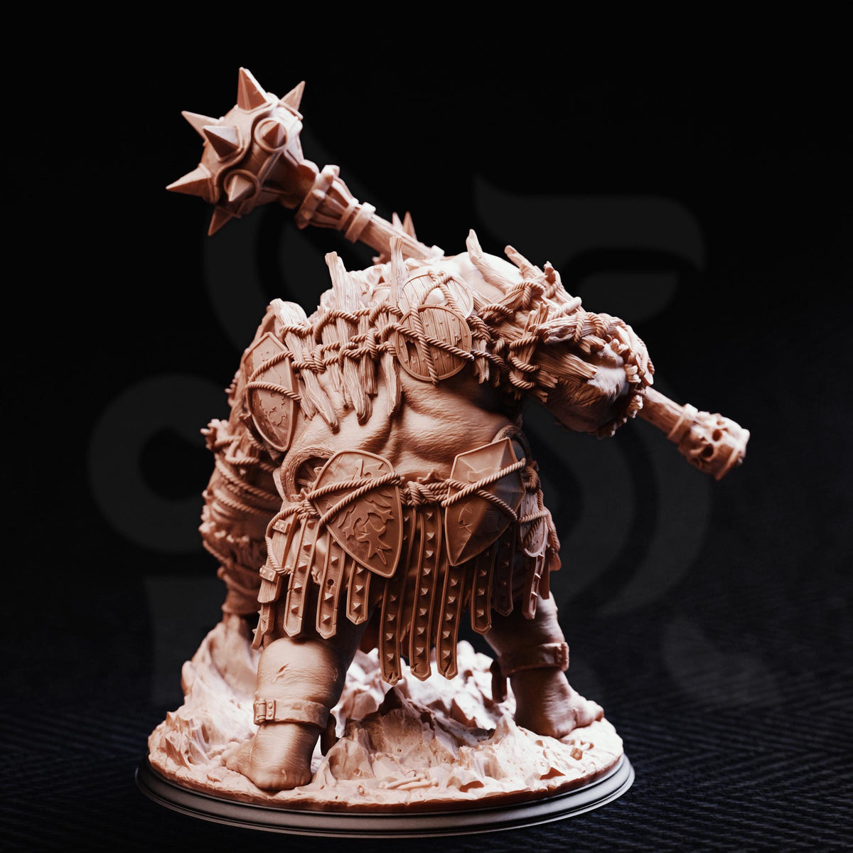 A detailed figurine of a heavily armored and battle-ready monster, with intricate details and a fierce expression, set against a dark background.