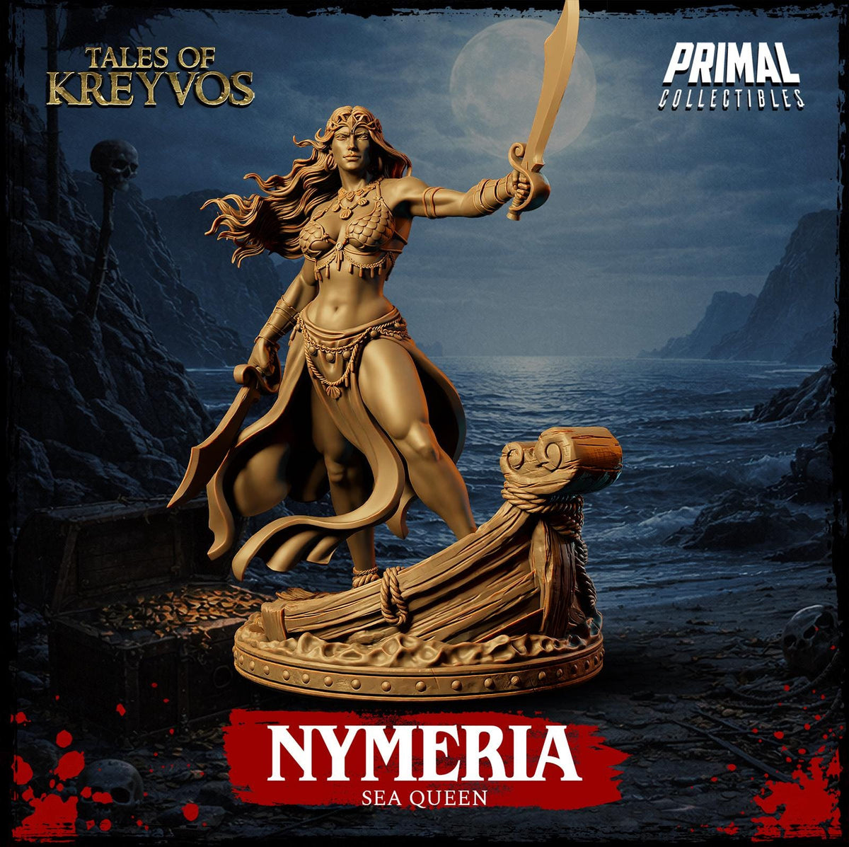 a statue of a female warrior standing on a ship, holding a sword and wearing a headdress. The background depicts a dark, stormy sea with a large moon. The title "Tales of Kreyvos" is displayed above the statue, and the word "Nymeria" is written below it.