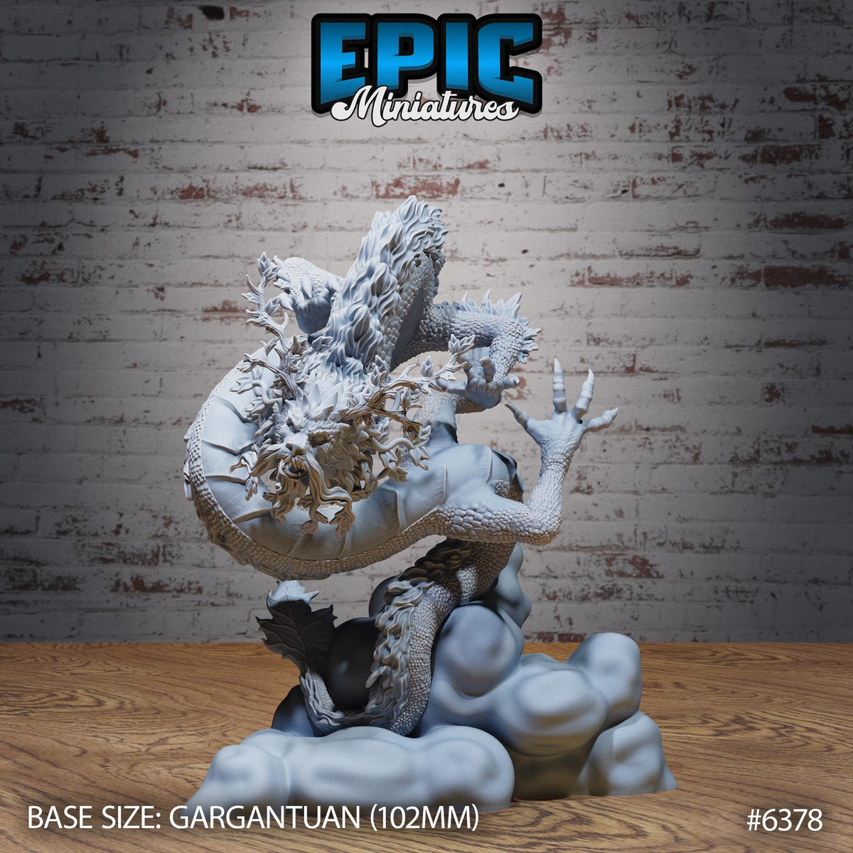 a detailed 3D model of a gargantuan dragon statue, with intricate scales and a fierce expression. The dragon is shown in a dynamic pose, with its head raised and its wings spread wide. The base size of the statue is 102mm, and it is displayed against a brick wall background.