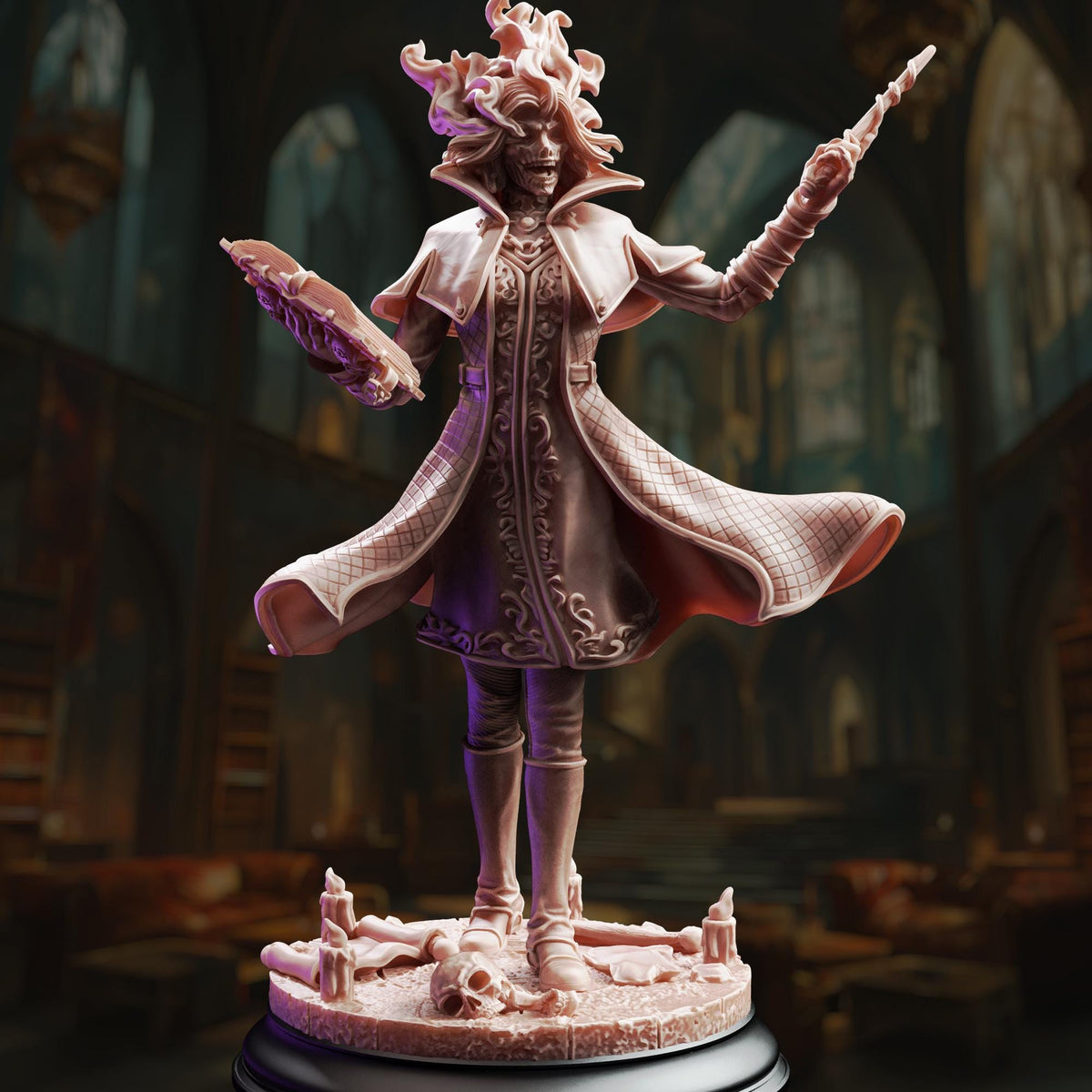 A detailed 3D model of a female character with an elaborate costume and flowing hair, standing in a dark, ornate room with arched doorways and columns.