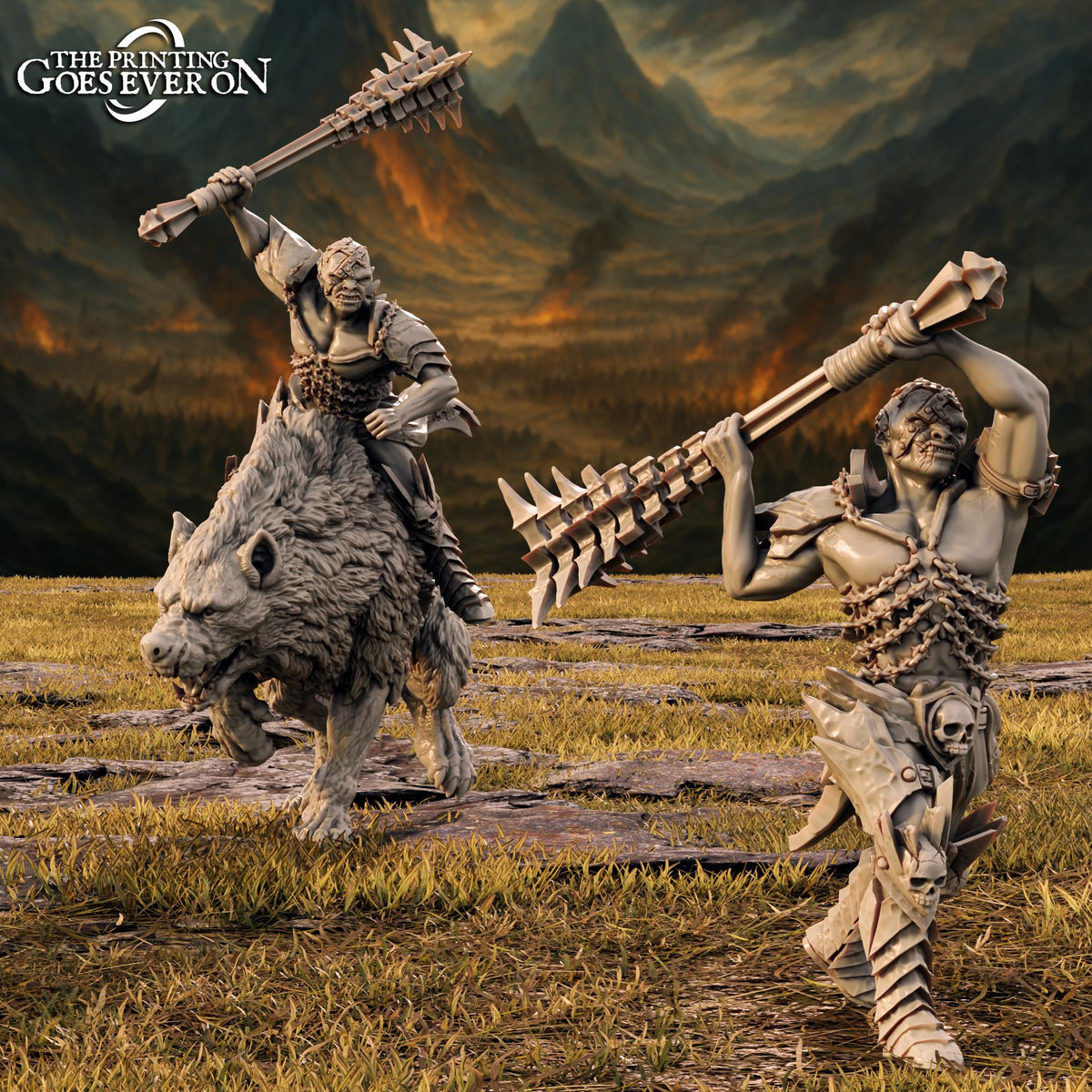 two heavily armored and armed fantasy characters, one riding a large, fierce-looking creature and the other wielding a large weapon.