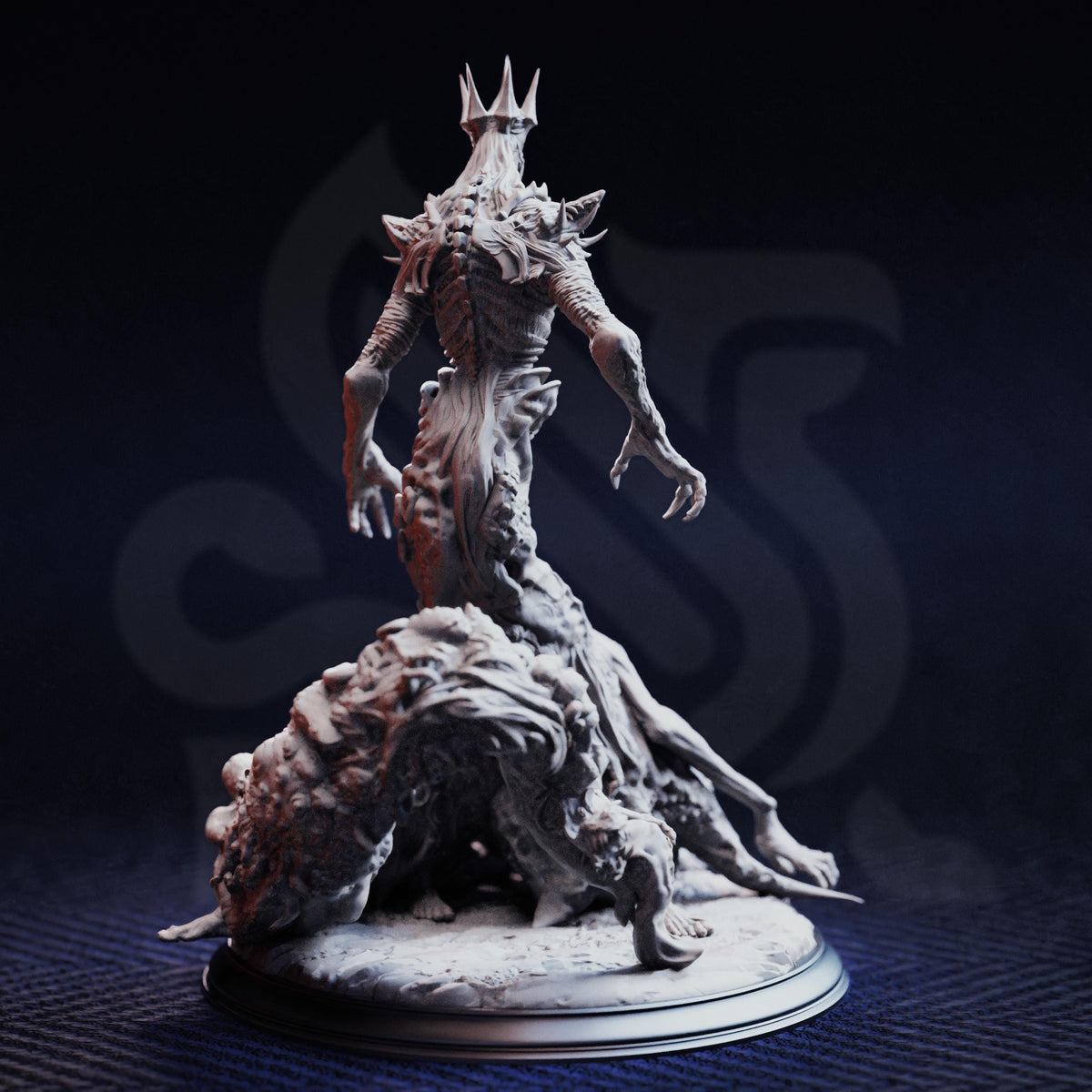 A detailed 3D model of a fantastical creature with a crown-like head, standing on a rock formation against a dark background.