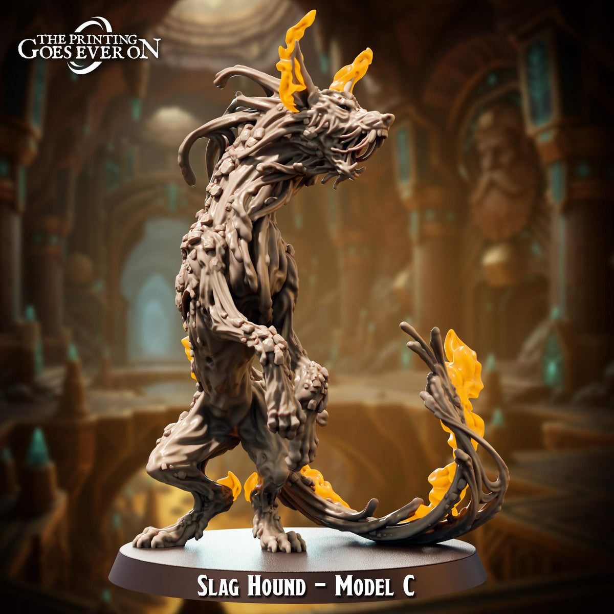 A figurine of Slag Hound, a mythical creature from the video game The Printing Goes Ever On, is shown in the image.