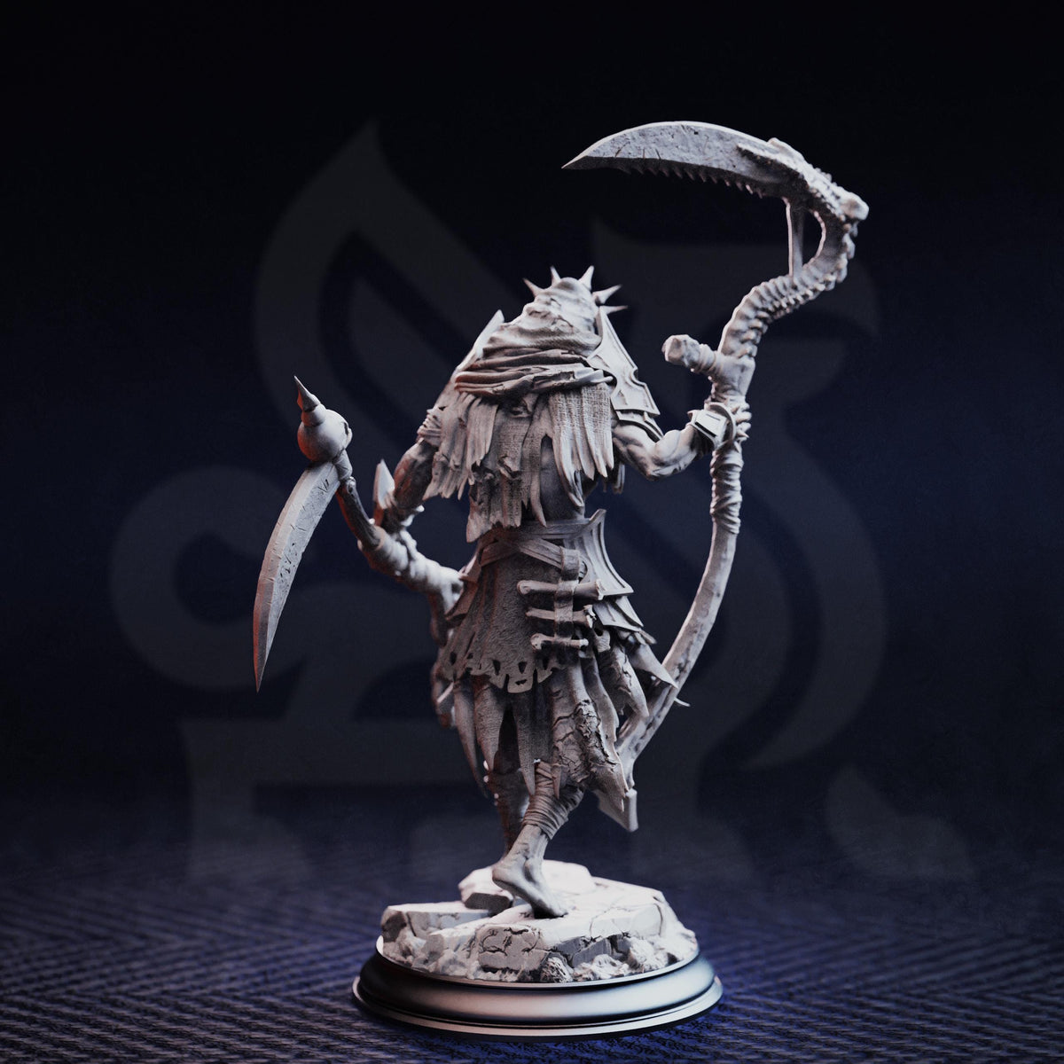 A detailed 3D model of a fantasy character, possibly a deity or monster, standing on a pedestal and holding a large weapon.