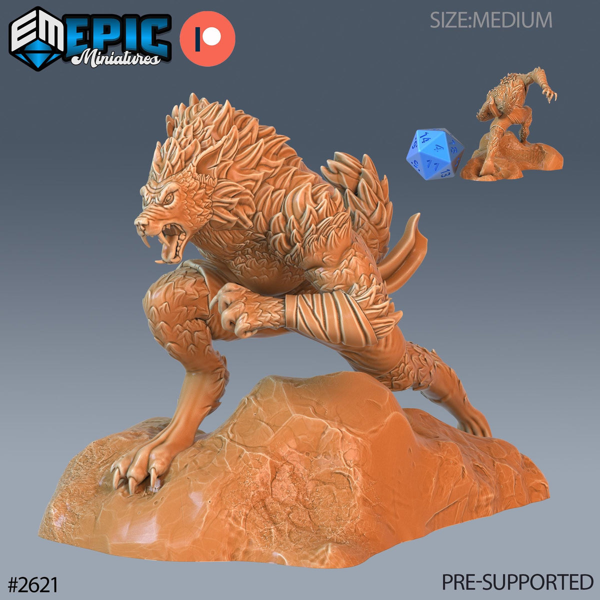 The image is a 3D model of a fierce-looking monster or creature, possibly a werewolf or dragon, sitting on a rock. The monster has sharp teeth and claws, giving it a menacing appearance. The image is pre-supported, meaning it is ready to be used in a game or other project.