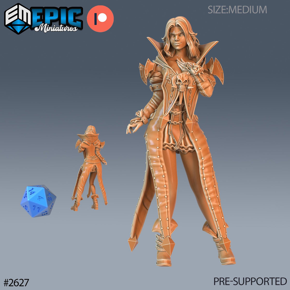 The image is a 3D model of a female character, possibly a fantasy or science fiction character, wearing a long, ornate costume with a pointed hat and a sword. The character is shown in various sizes, from a small figurine to a larger, more detailed model. The image is labeled as a "PRE-SUPPORTED" image, indicating that it is ready for use in a project or game.