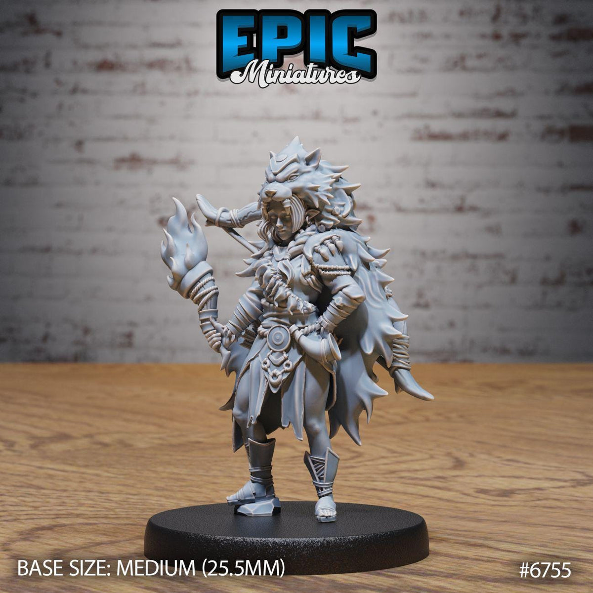 A figurine of a warrior character from the video game Epic Miniatures, standing on a black base.