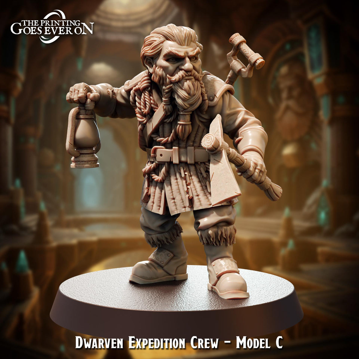 A figurine of a dwarf character from the "Dwarven Expedition Crew" model C, standing in a fantasy setting with a lantern and other tools.