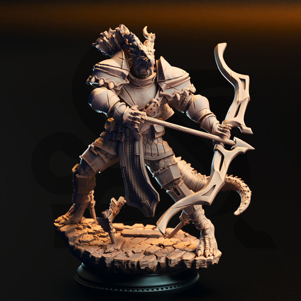 A detailed 3D model of a warrior figure, holding a bow and arrow, standing on a rocky base.