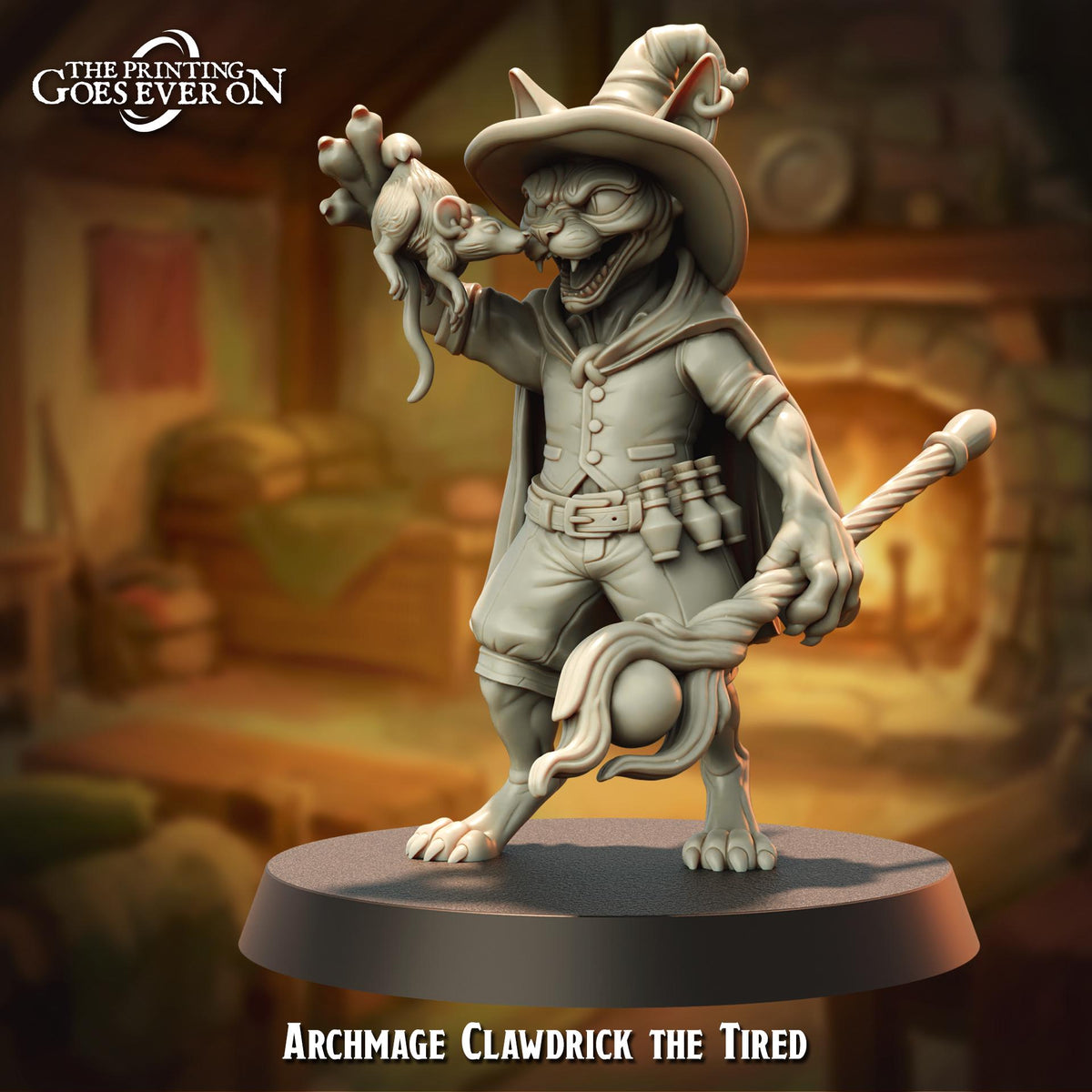 a statue of a cat-like creature with a pointed hat and a staff, standing on a platform and holding a small object in its hand.