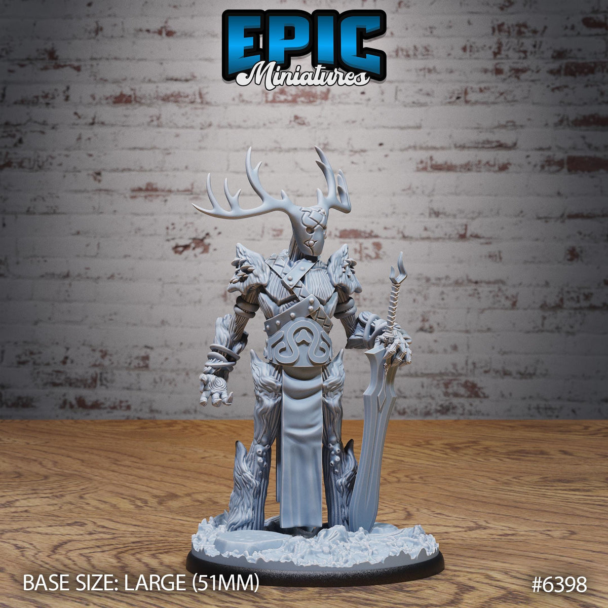 A 3D model of a warrior figure with antlers and a sword, standing on a wooden base. The background is a brick wall.