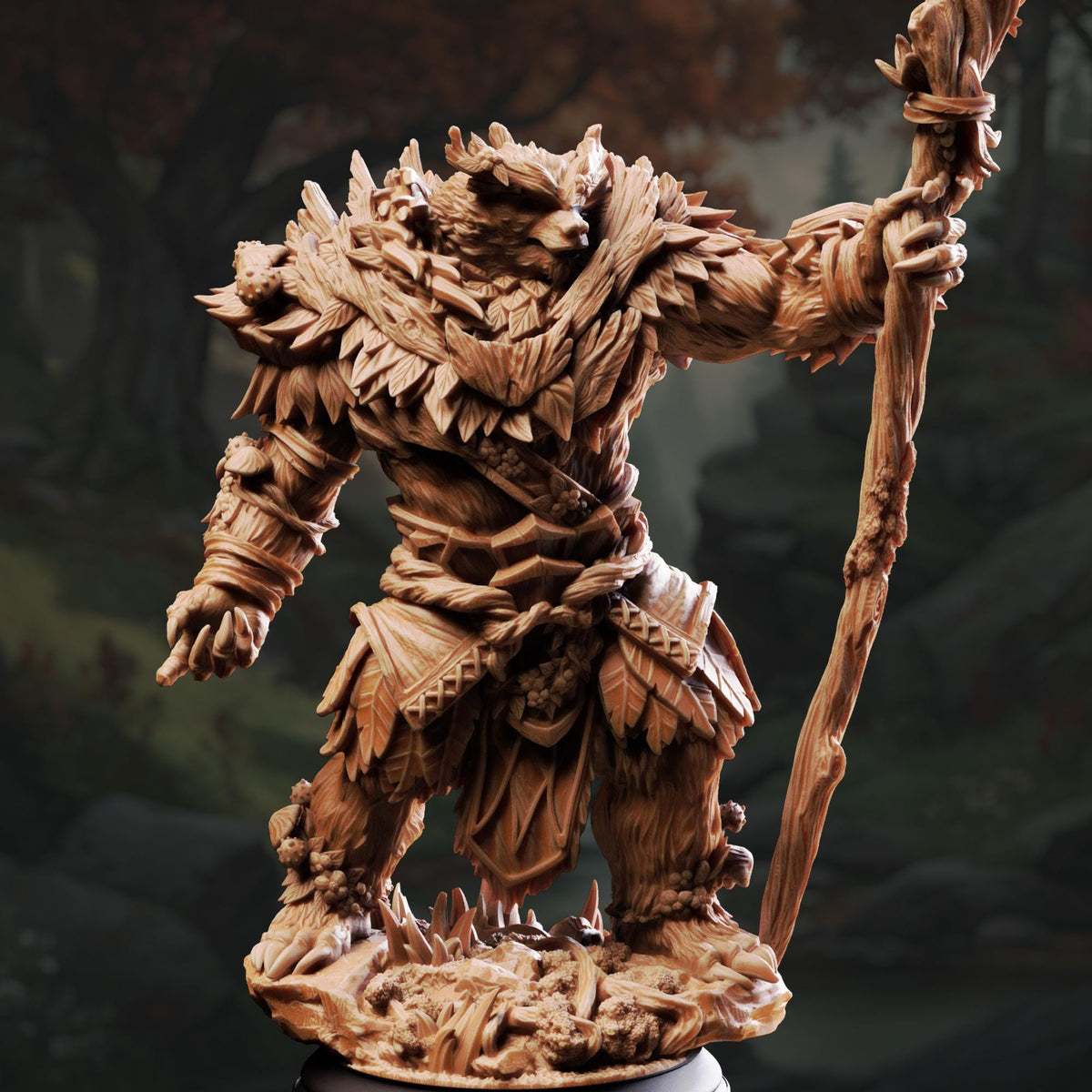 A detailed wooden sculpture depicting a fierce-looking creature with a long stick, standing in a forest setting.