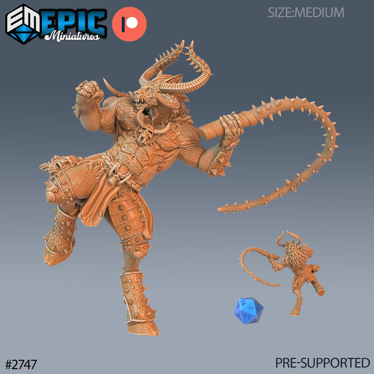 a miniature of a fierce-looking monster with sharp teeth and claws, holding a whip in its hands. The monster is wearing a heavily armored outfit and appears to be in a fighting stance.