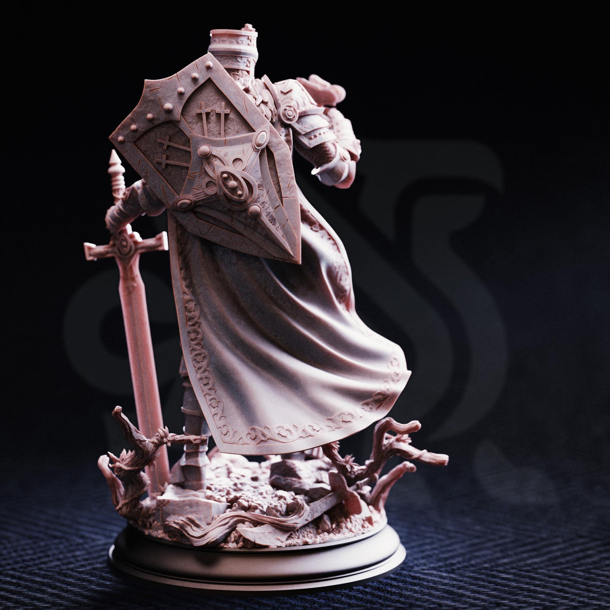 A detailed 3D model of a knight in armor, standing on a base and holding a shield and sword.