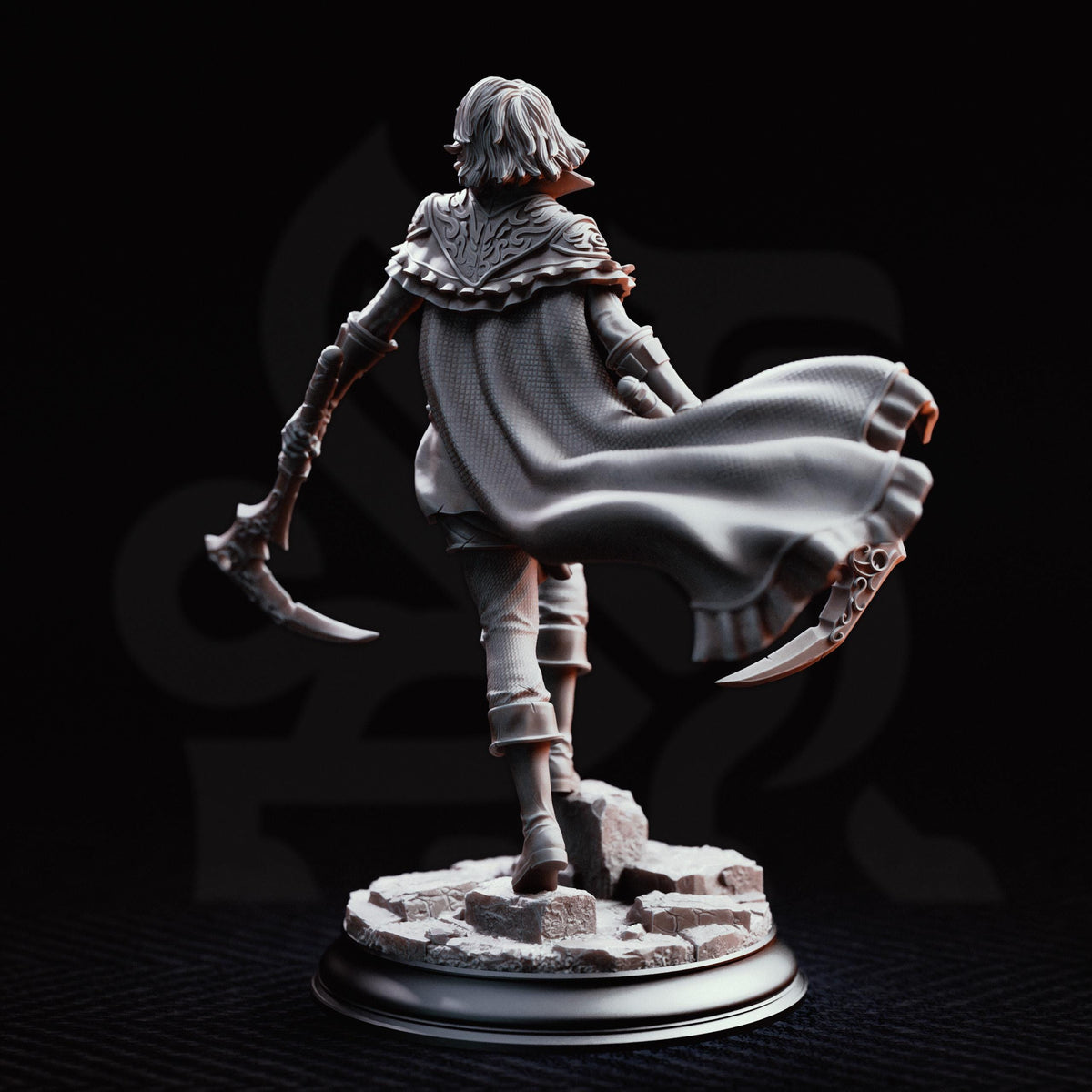 A detailed 3D model of a female character with flowing robes and a cape, holding a weapon, standing on a rocky base against a dark background.