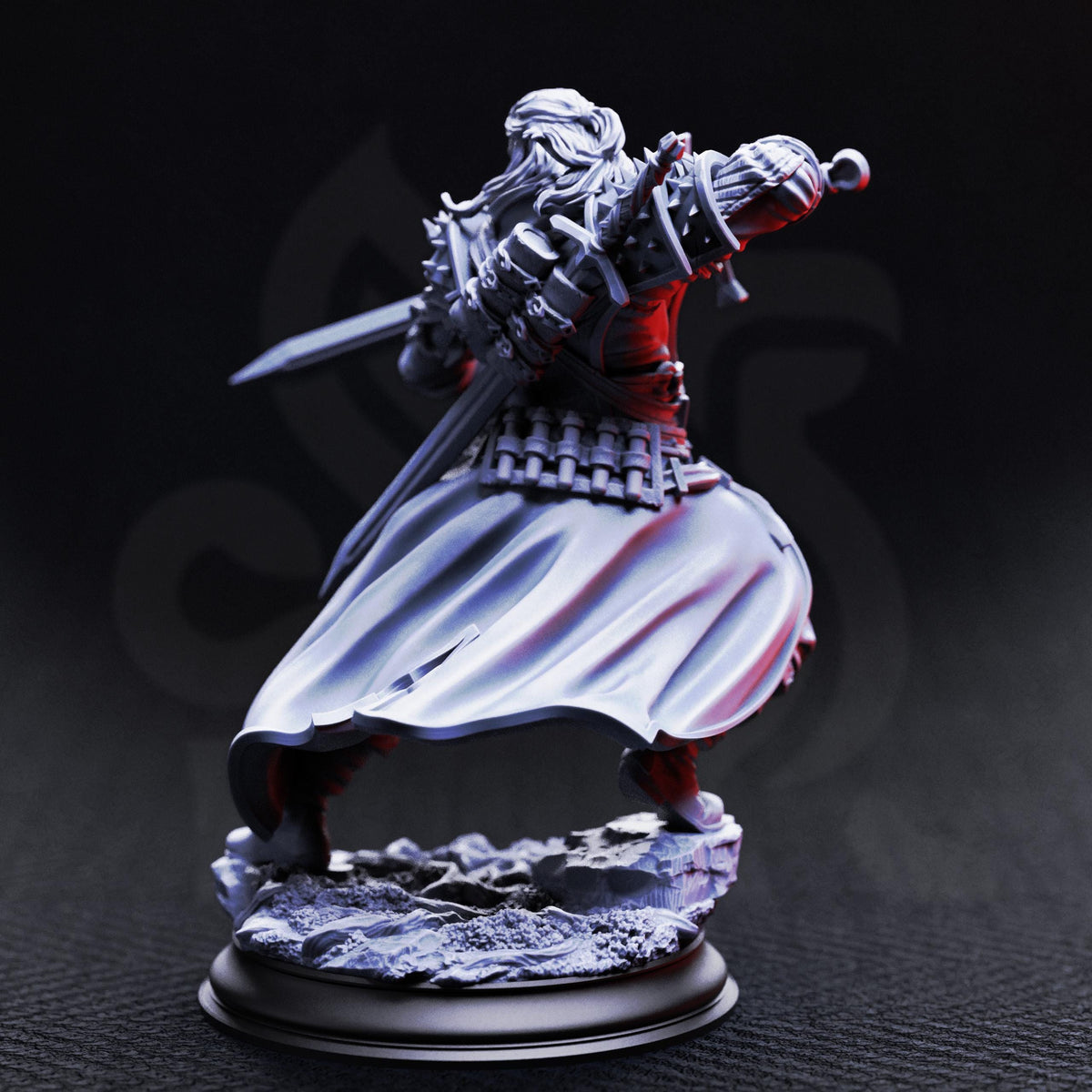 A detailed 3D model of a warrior figure, holding a sword and shield, standing on a rocky base against a dark background.