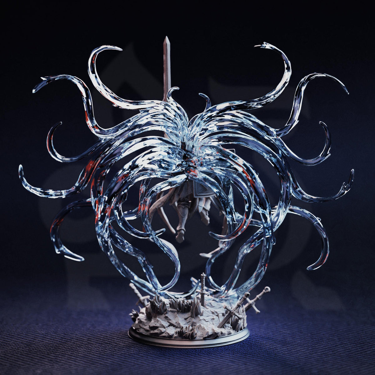A detailed 3D rendering of a fantastical, ethereal creature with intricate, flowing, and translucent features, including a large, glowing head and a multitude of tentacles or arms extending from the body.