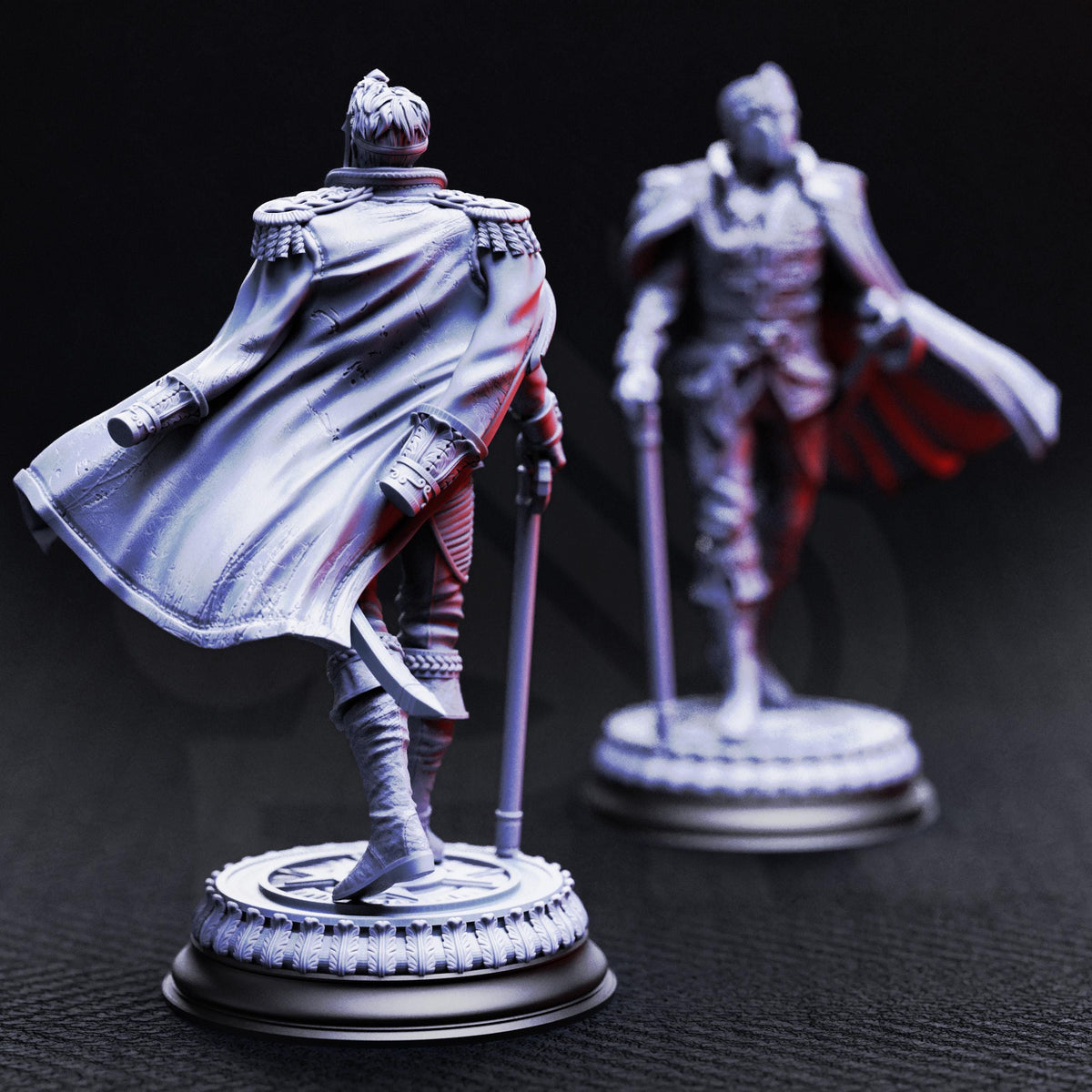 two statues of a person in military garb, standing on pedestals against a dark background.