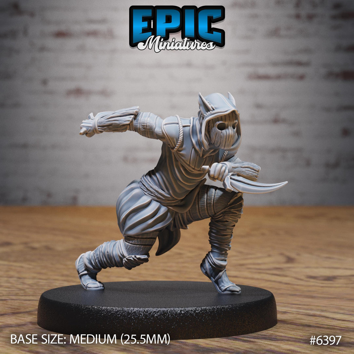 A figurine of a warrior character in a fighting stance, with a sword in hand, is displayed on a black base.