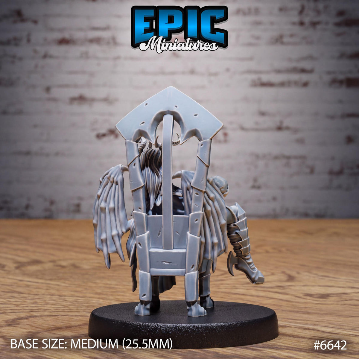 A miniature model of a character, likely from a video game or tabletop game, sitting on a black base. The character appears to be a winged figure with a sword, and the image is labeled with the text "Epic Miniaturies" and "Base Size: Medium (25.5mm)" indicating the size and material of the model.