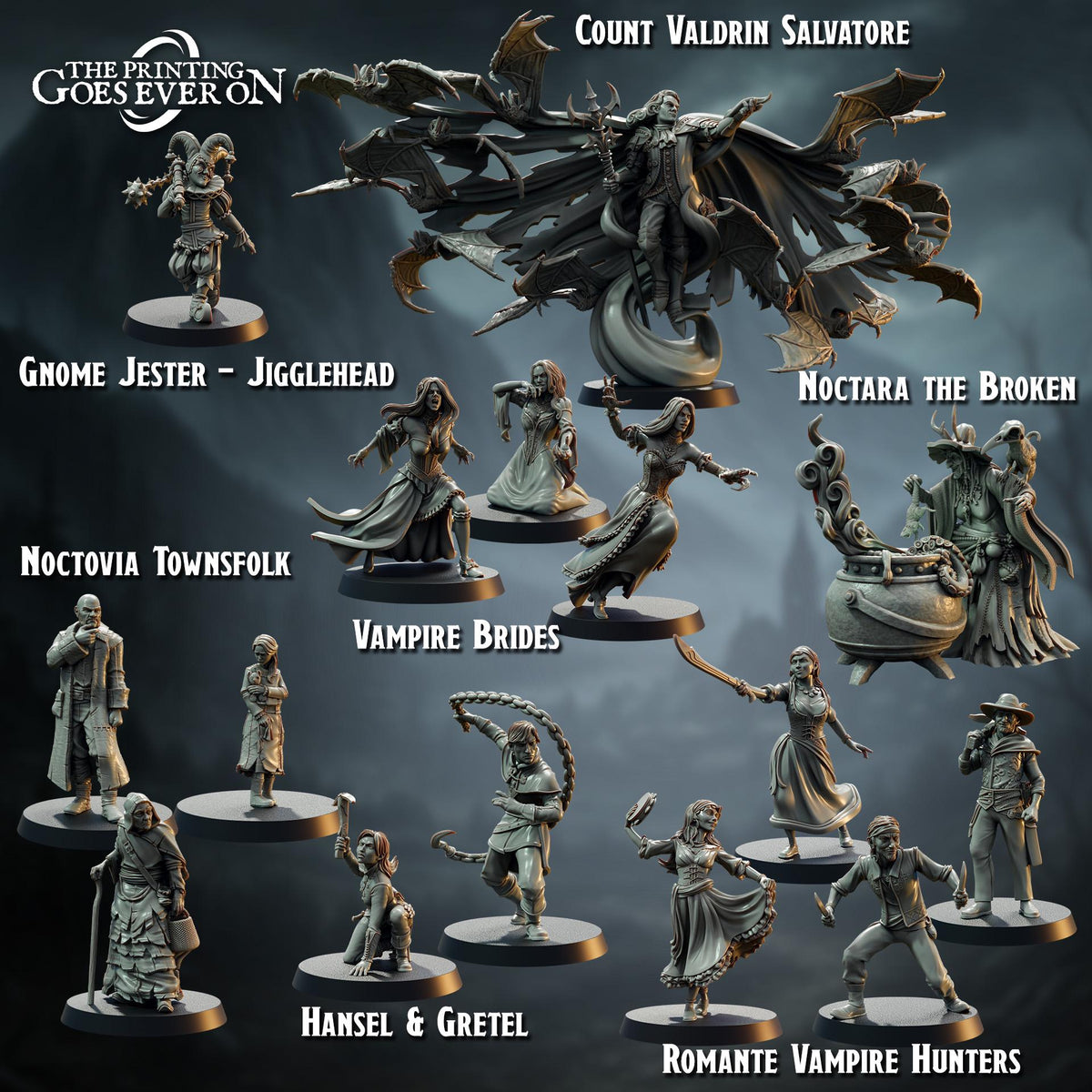 a collection of various fantasy characters and scenes, including gnomes, vampires, and other supernatural beings, as well as scenes depicting romantic and adventurous themes.