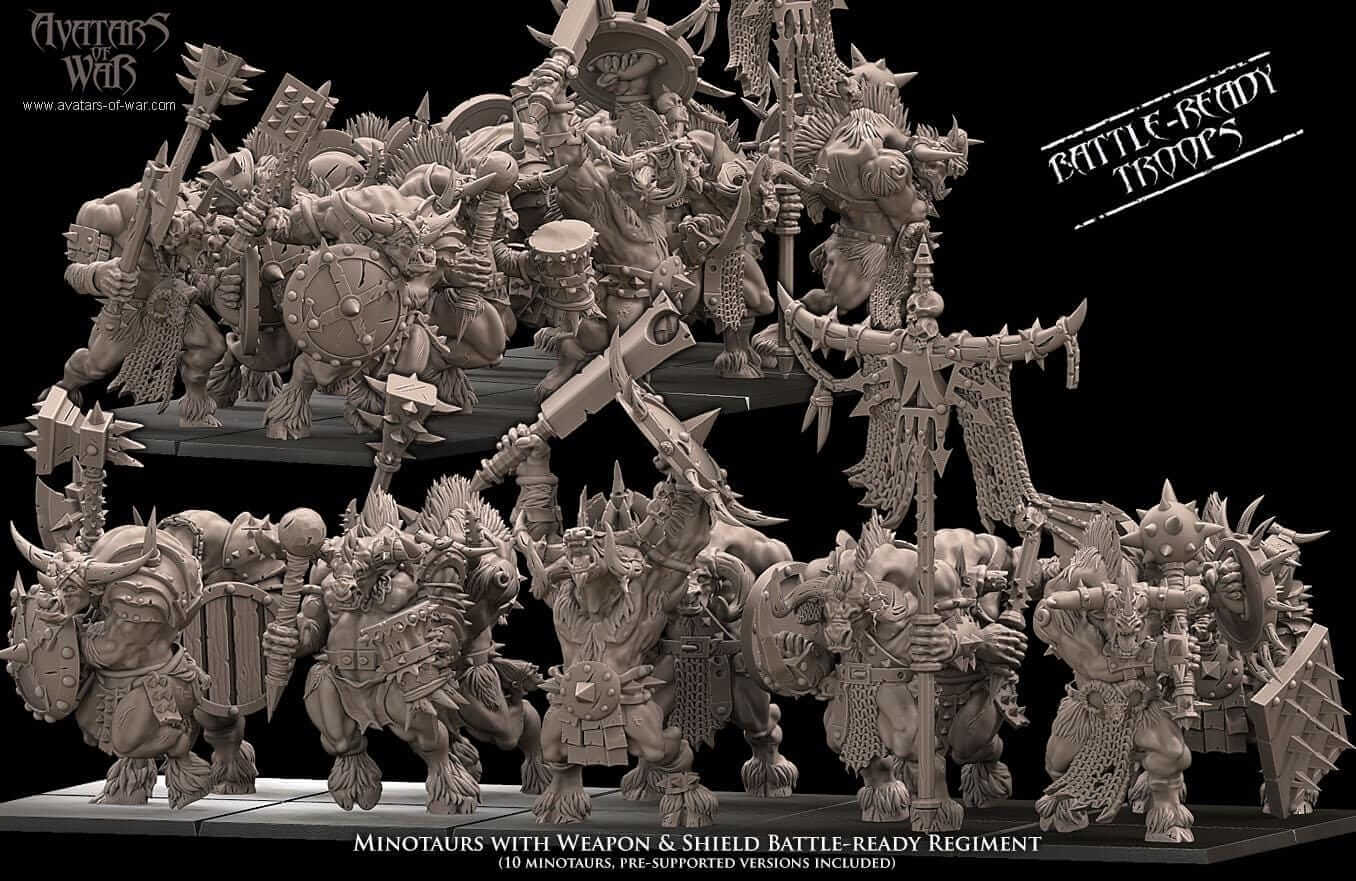 Minotaurs with weapon and shield Regiment - Avatars of War