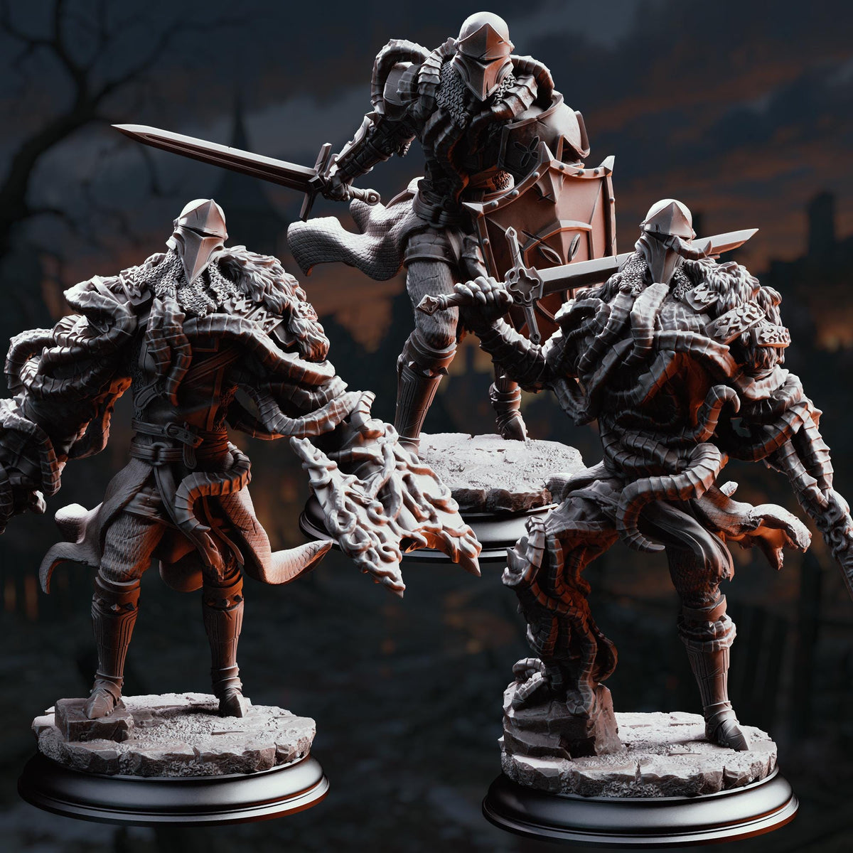 three detailed figurines of armored knights, each wielding a sword and shield, set against a dark, moody background.
