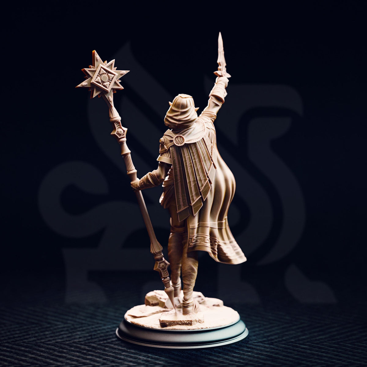 A statue of a person holding a star-shaped staff and a staff with a pointed end, standing on a pedestal against a dark background.
