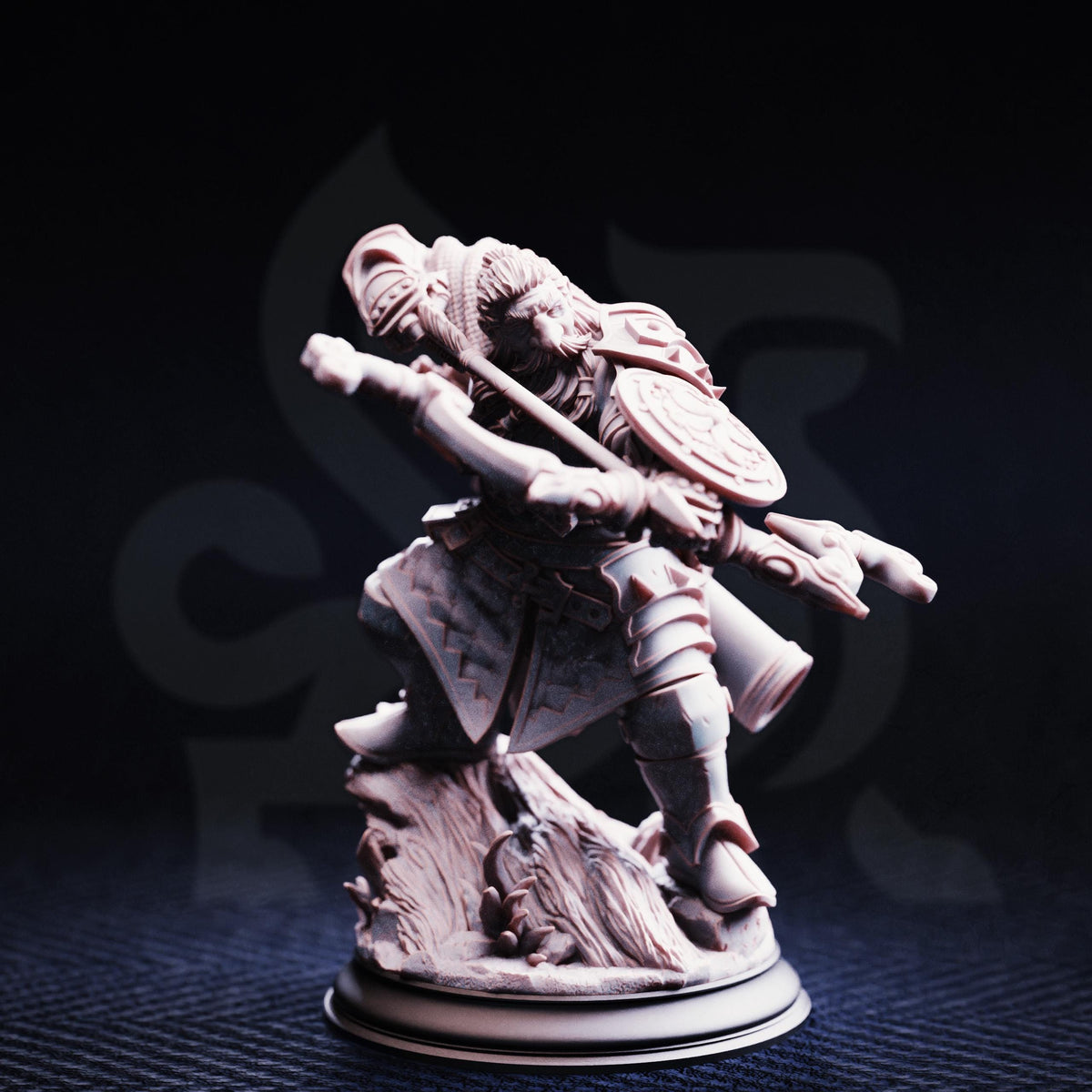 A figurine of a warrior figure, possibly a knight or knightly character, is depicted in a dynamic pose, holding a shield and sword.