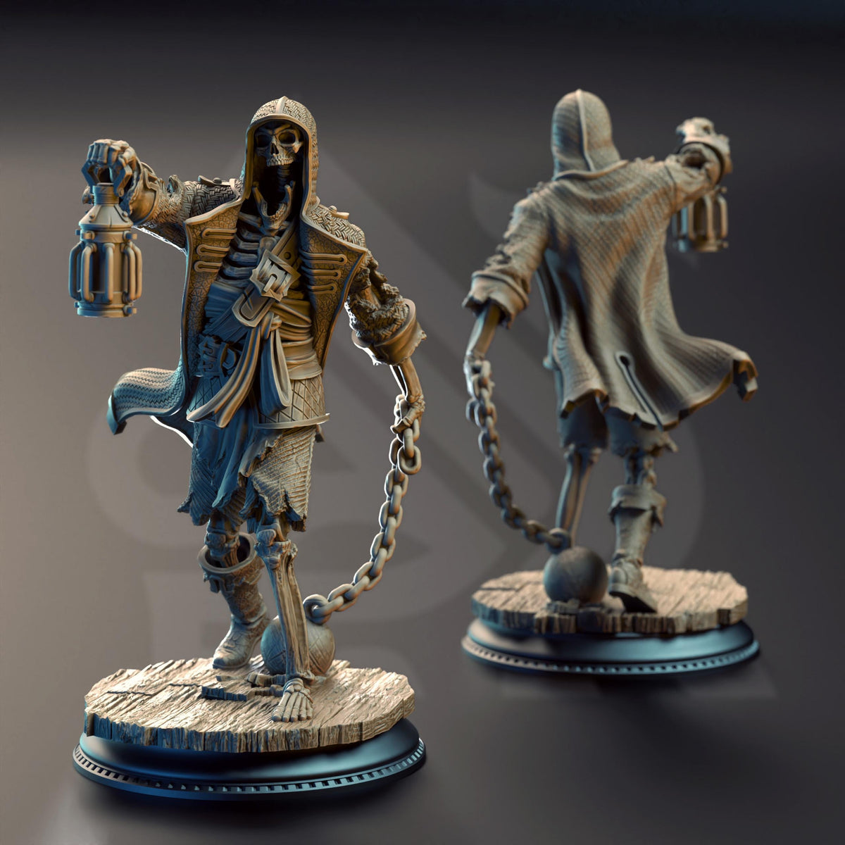 A 3D rendering of a pirate-themed statue, featuring a pirate figure holding a lantern and chained ball.