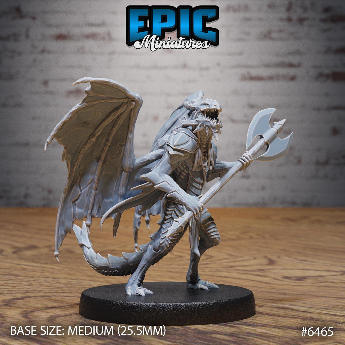 A detailed 3D model of a winged, armored dragon-like creature with a large weapon in its hands, standing on a black base.