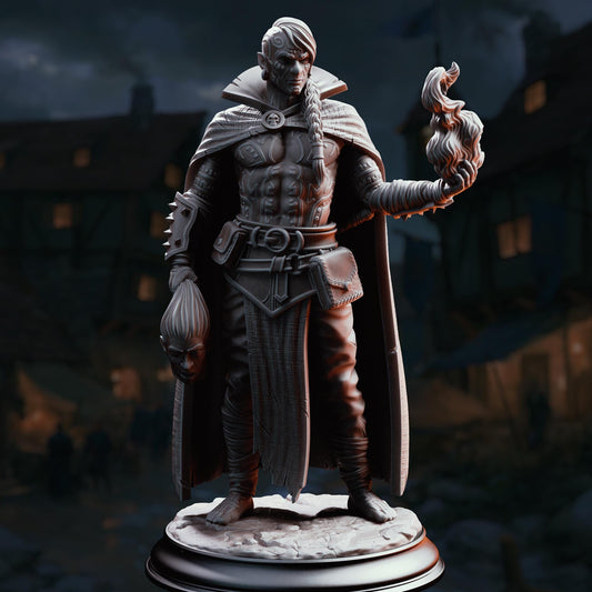 A detailed 3D model of a fantasy character, possibly a warrior or magical being, standing on a pedestal and holding a flame. The character is wearing a cape and has a serious expression on their face.