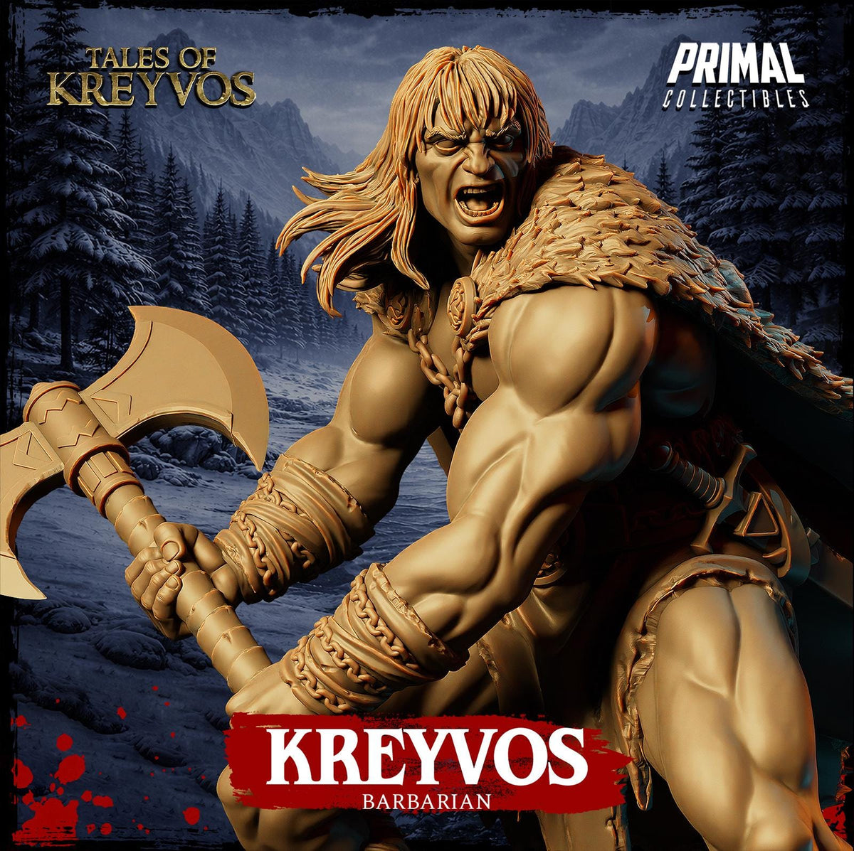 A detailed, sculpted statue of a muscular, blond-haired warrior wielding a large weapon, set against a snowy, mountainous landscape.