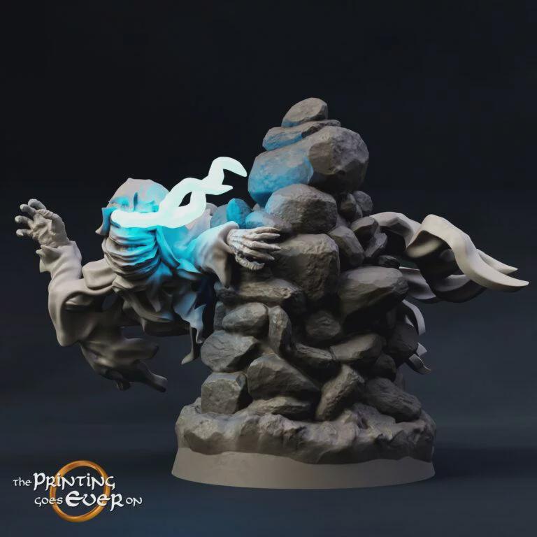 A 3D rendering of a fantastical creature with glowing blue energy emanating from its head, surrounded by a rocky landscape.
