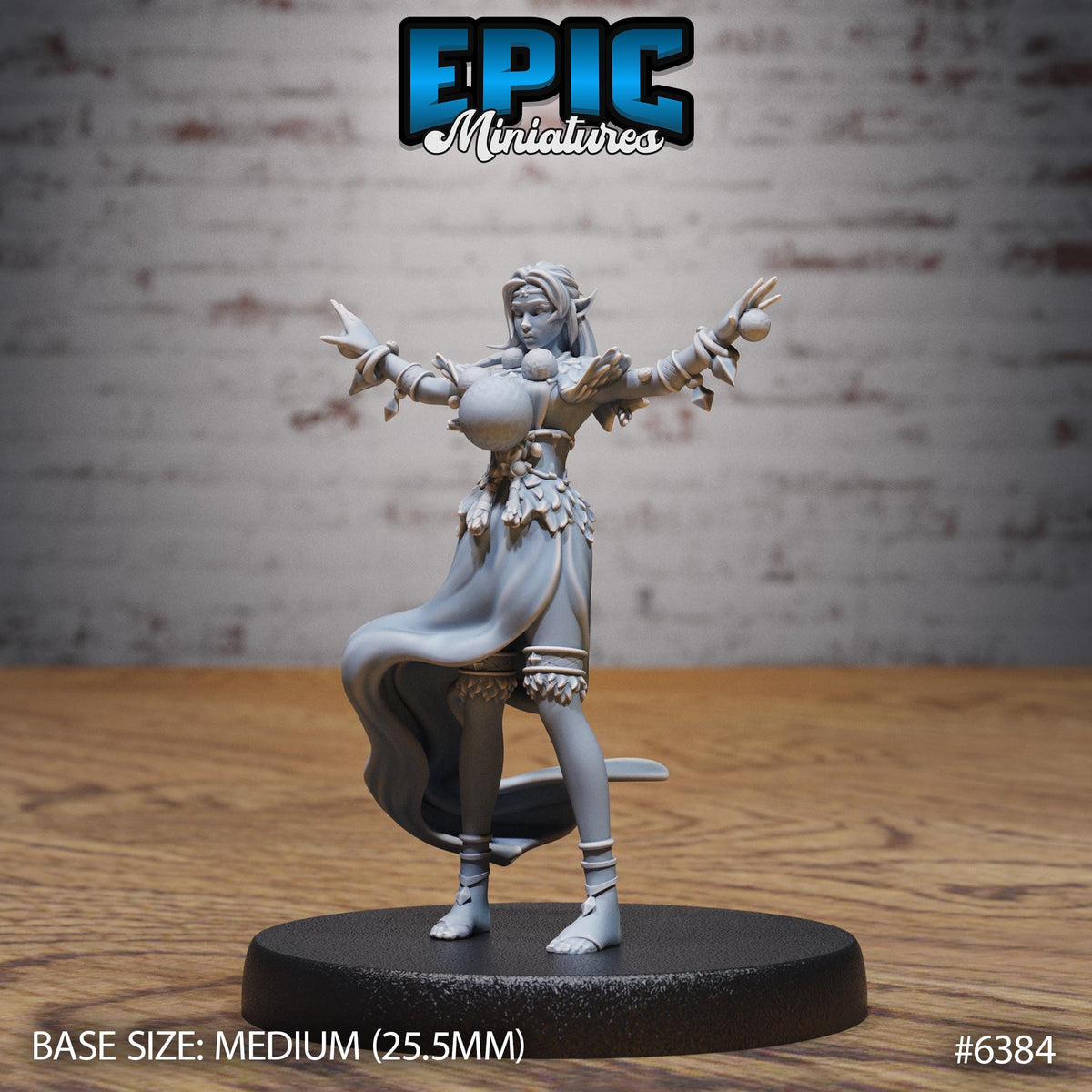 A figurine of a female character with outstretched arms, standing on a black base.