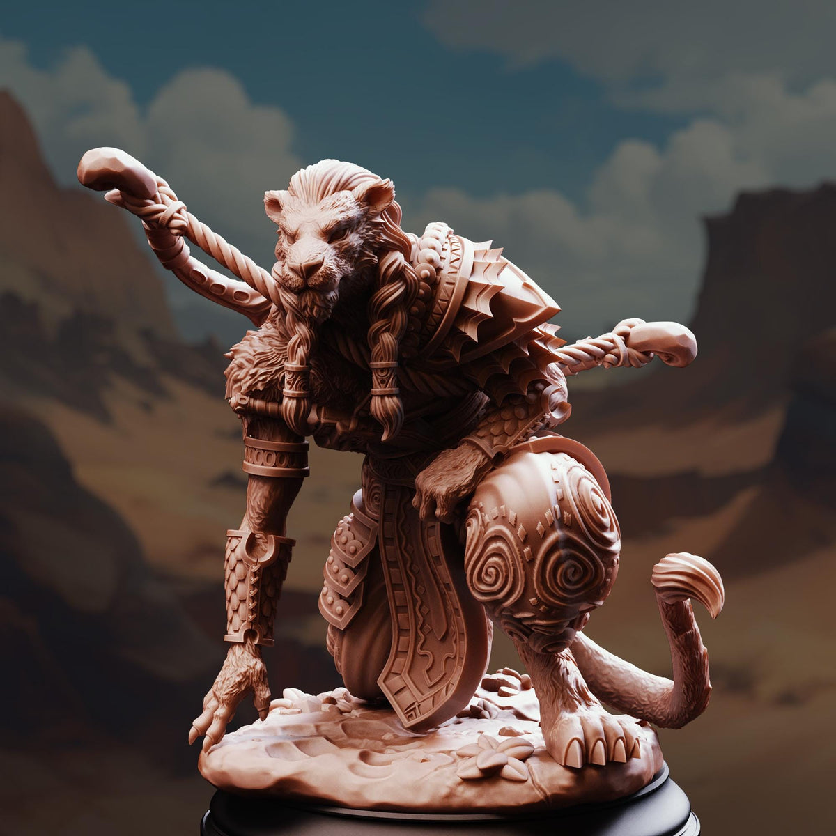 A detailed 3D model of a fantastical creature, possibly a dragon or mythical beast, with intricate armor and a fierce expression.