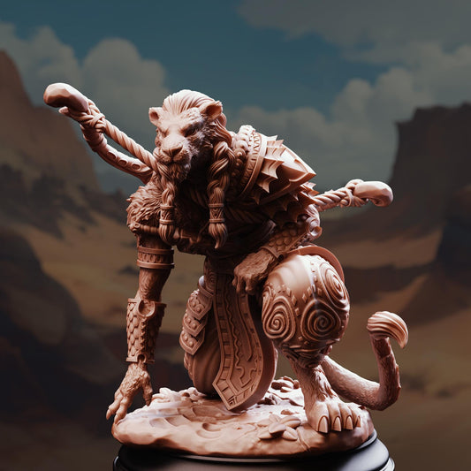 A detailed 3D model of a fantastical creature, possibly a dragon or mythical beast, with intricate armor and a fierce expression.