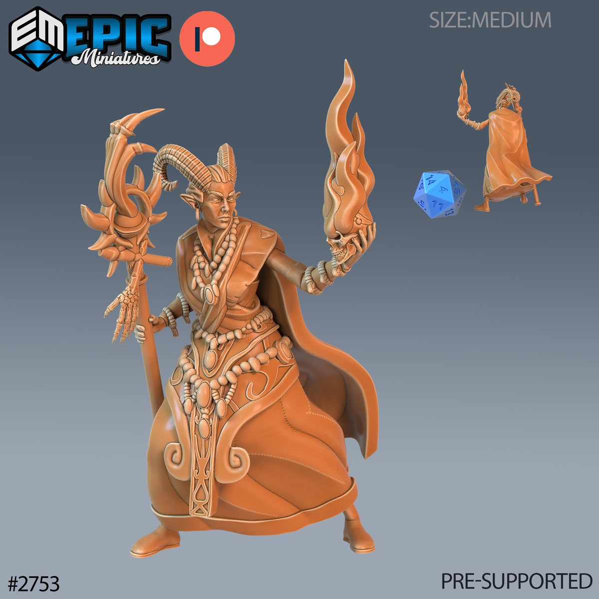 The image is a 3D model of a fantasy character, possibly a deity or magical being, with intricate details and a detailed design. The character is holding a staff and a flame, and there is a dice in the image. The character is shown in different poses, showcasing its versatility and power. The image is pre-supported, meaning it is ready to be used in a game or other creative projects.