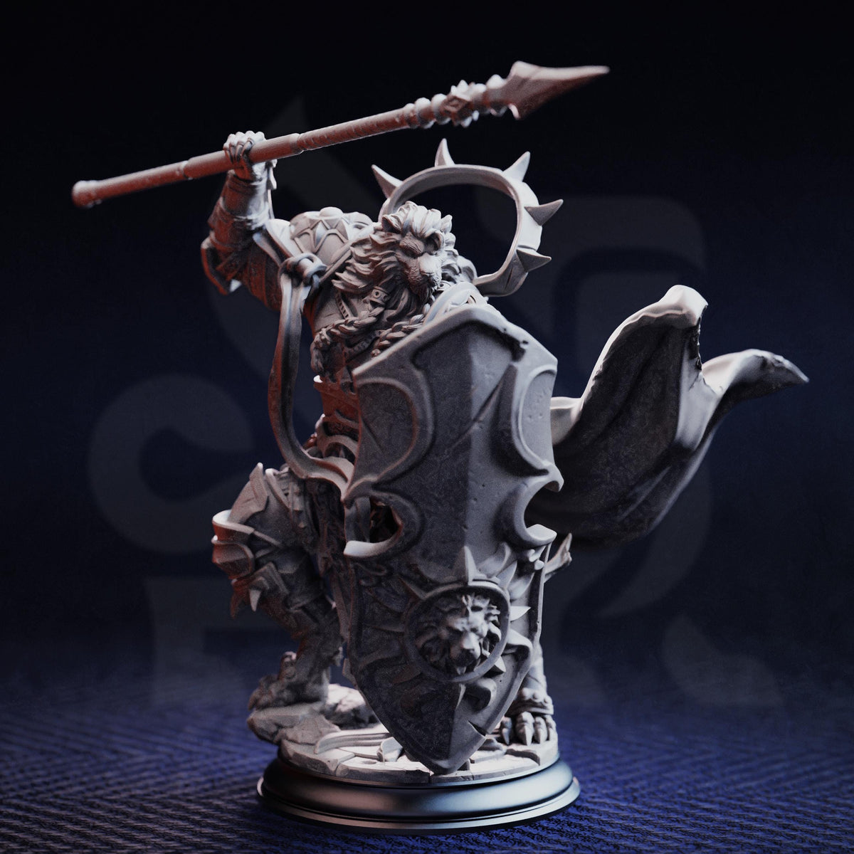 A detailed 3D model of a warrior figure holding a spear and shield, standing on a base.