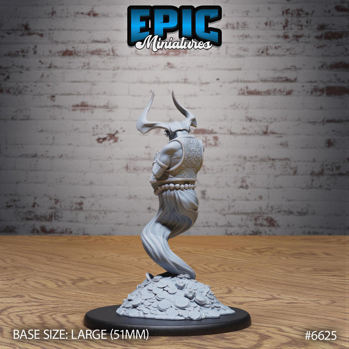 A 3D model of a figurine, likely a character or deity, displayed on a wooden base against a brick wall background.