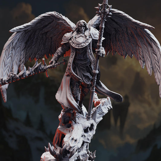 A detailed 3D model of a winged warrior figure, holding a staff and wielding a weapon, standing atop a rocky outcrop against a dark, cloudy background.