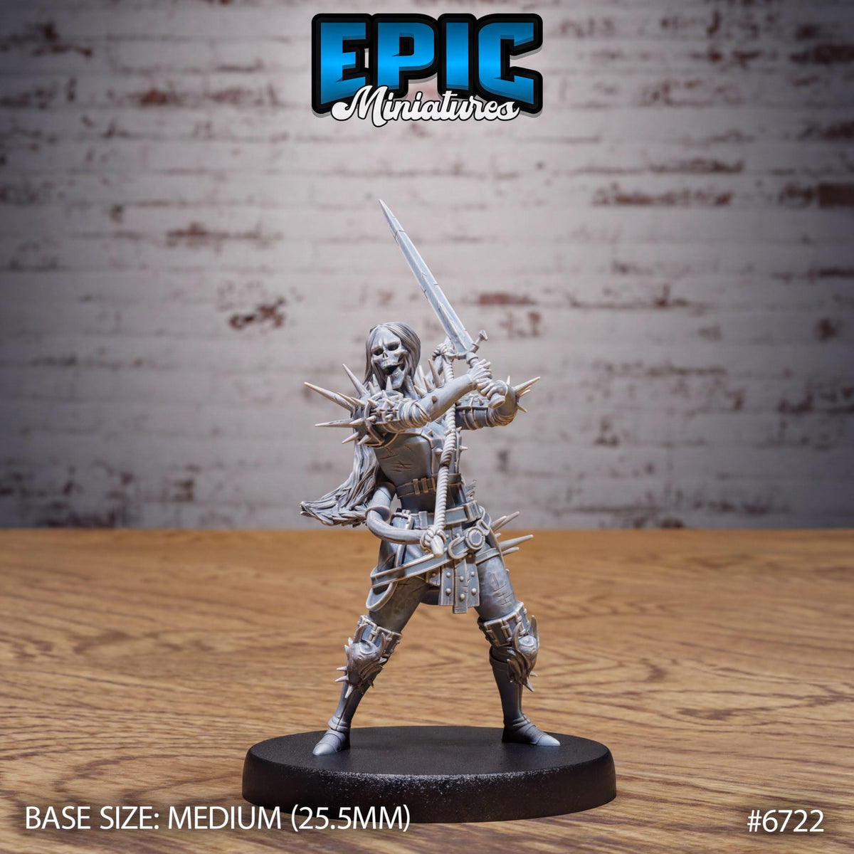 A figurine of a warrior figure holding a sword and shield, standing on a black base. The figurine is set against a brick wall background.