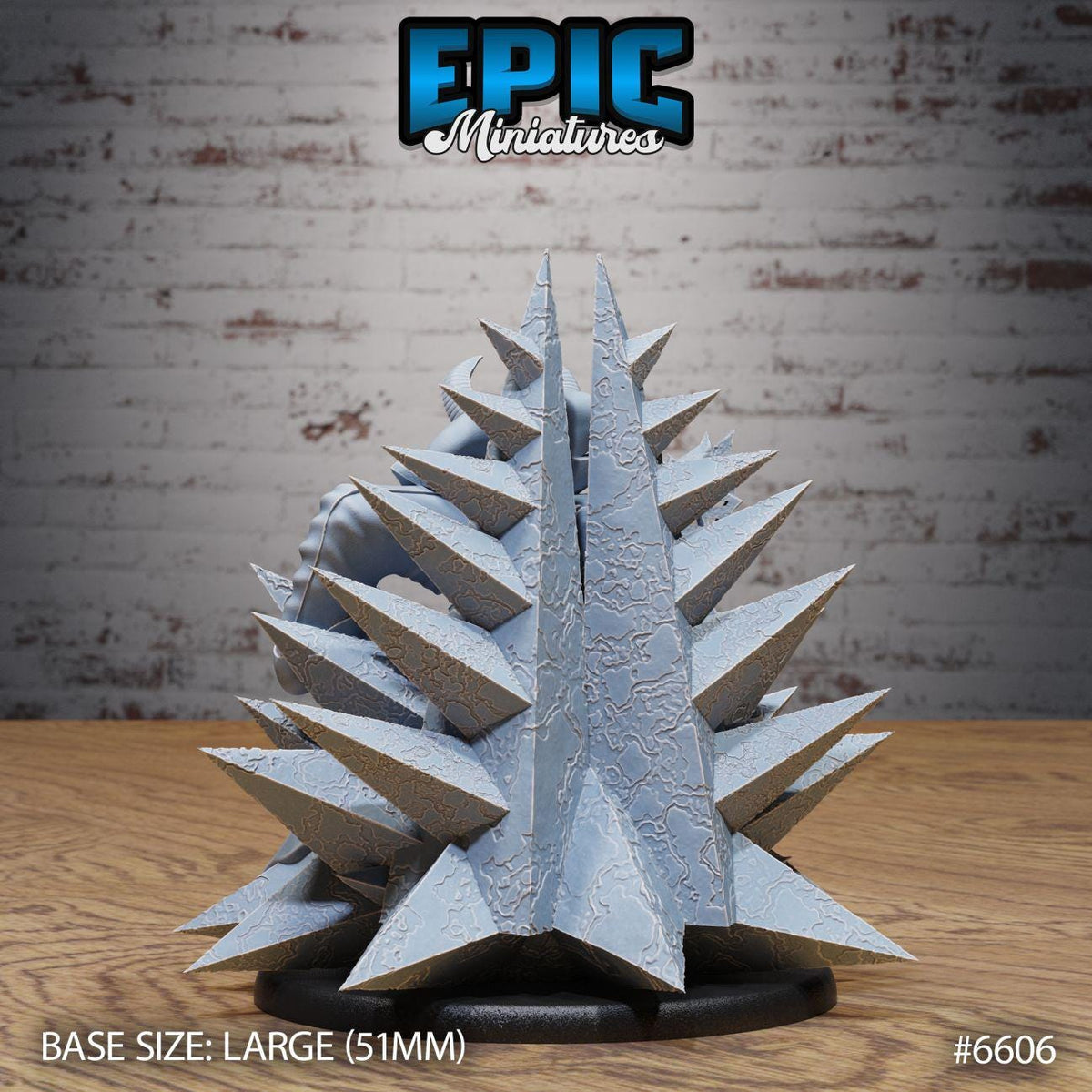 a large, intricate, and detailed miniature sculpture with a textured, jagged appearance. The sculpture is placed on a wooden surface, and the background is a brick wall. The image is described as a "collage of multiple images" and includes the text "BASE SIZE: LARGE (511mm)" and "#6066".
