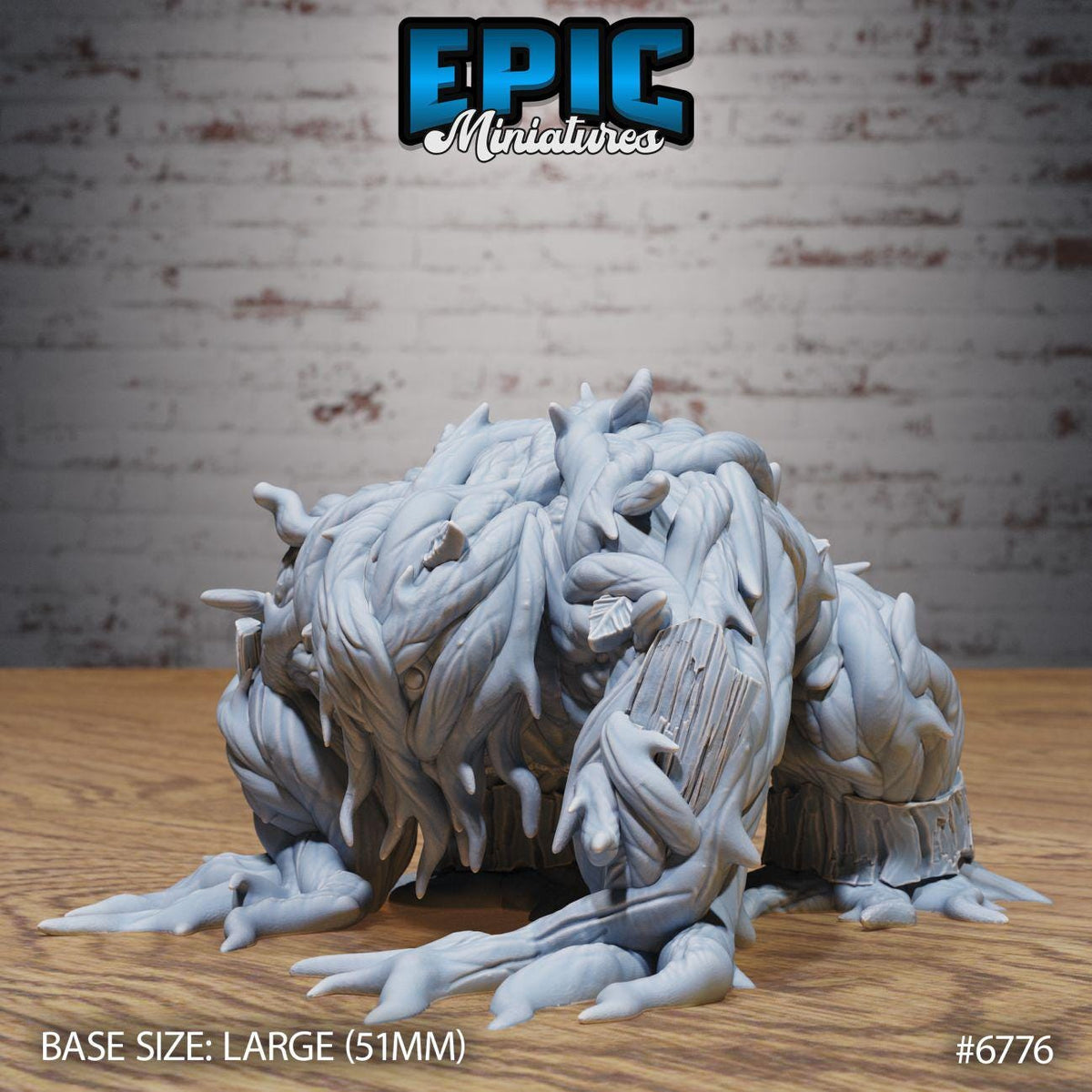 A large, detailed, and intricate sculpture of a creature resembling a tree or plant, sitting on a wooden surface against a brick wall background.