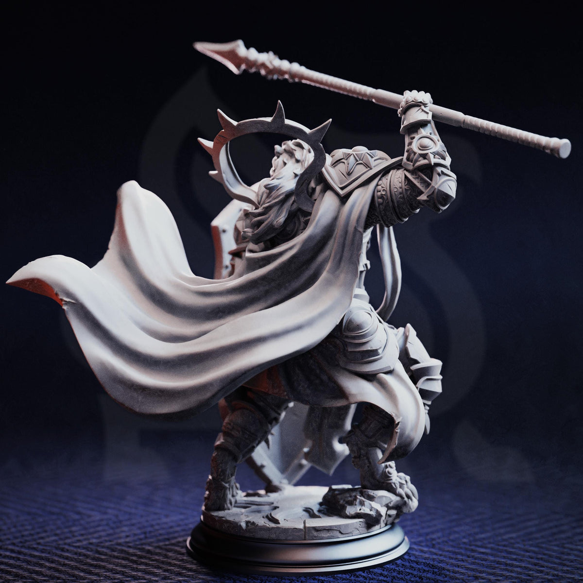A detailed 3D model of a warrior figure wielding a spear and shield, standing on a base and wearing a cape.