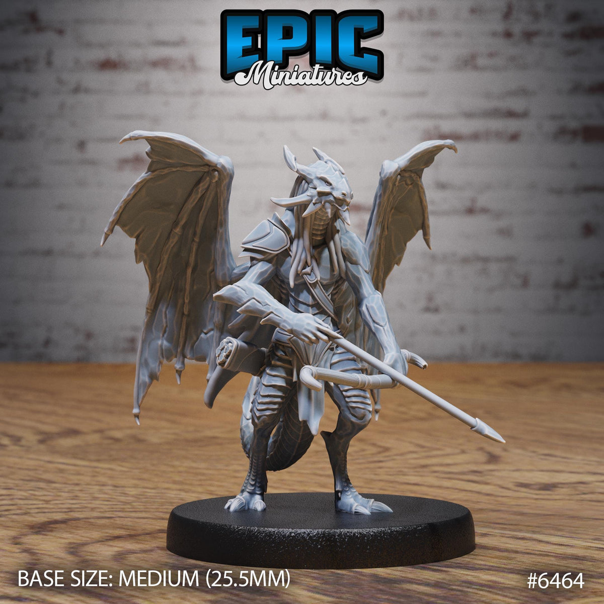 A 3D model of a winged, armored dragon-like creature with a sword in its hand, standing on a black base.