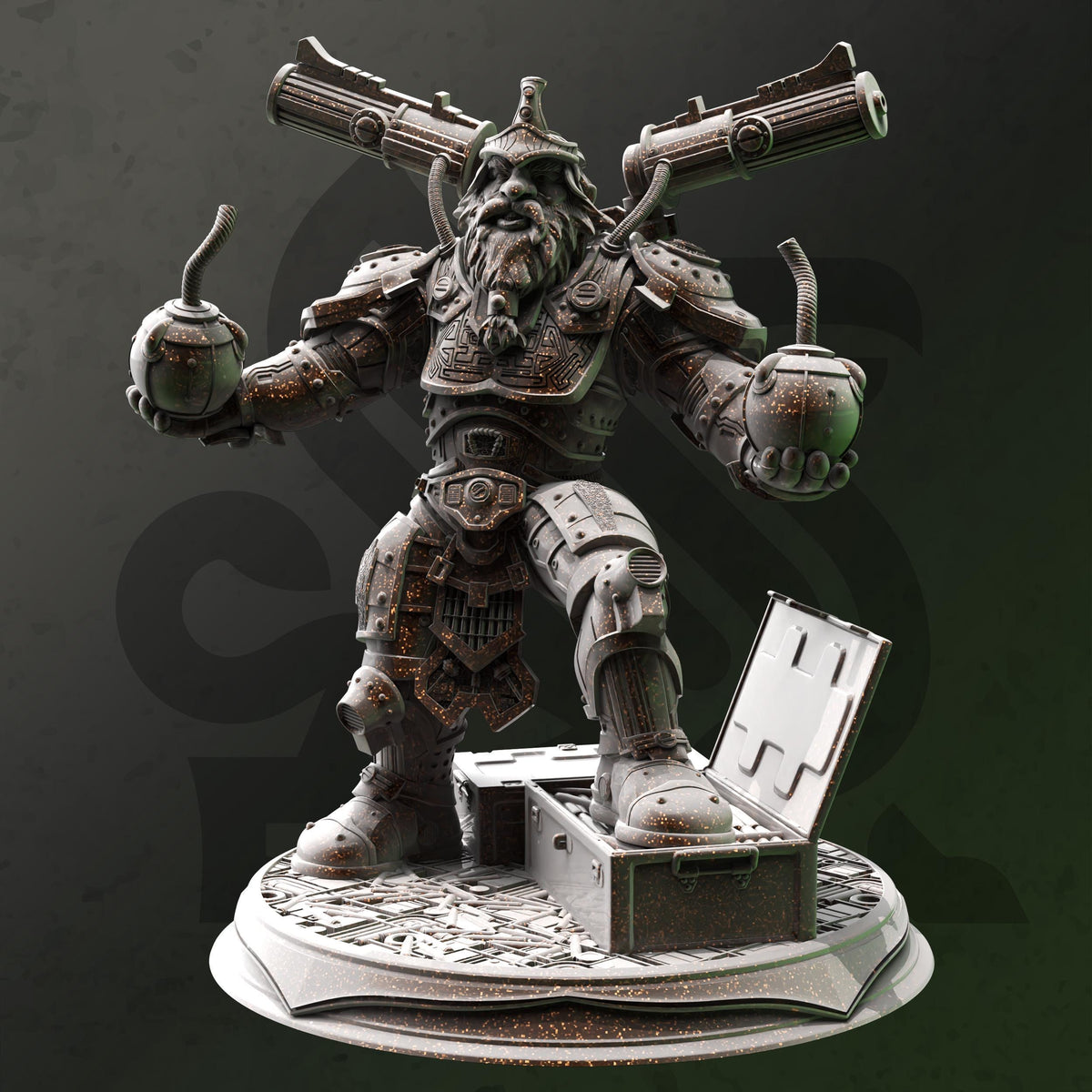 A detailed 3D rendering of a heavily armored and armed dwarf figure, holding various weapons and standing on a platform.