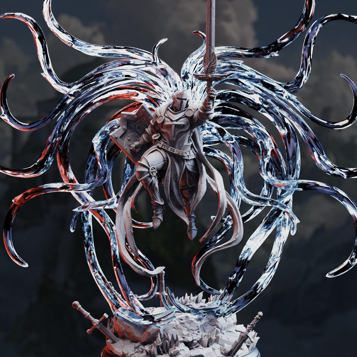 A digital illustration depicting a knight in armor, holding a sword and shield, surrounded by a swirling, ethereal energy or aura.