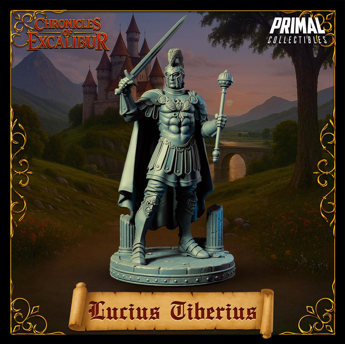 A statue of a warrior figure, identified as "Laurus Tiberius", standing in front of a castle-like structure against a mountainous landscape.